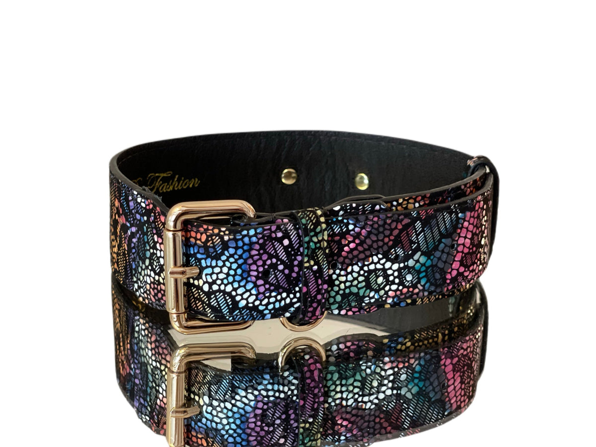 Allysa Payne Luxury Pet Fashion Black Floral Lace Italian Leather With Gold Classic Hardware Dog Collar