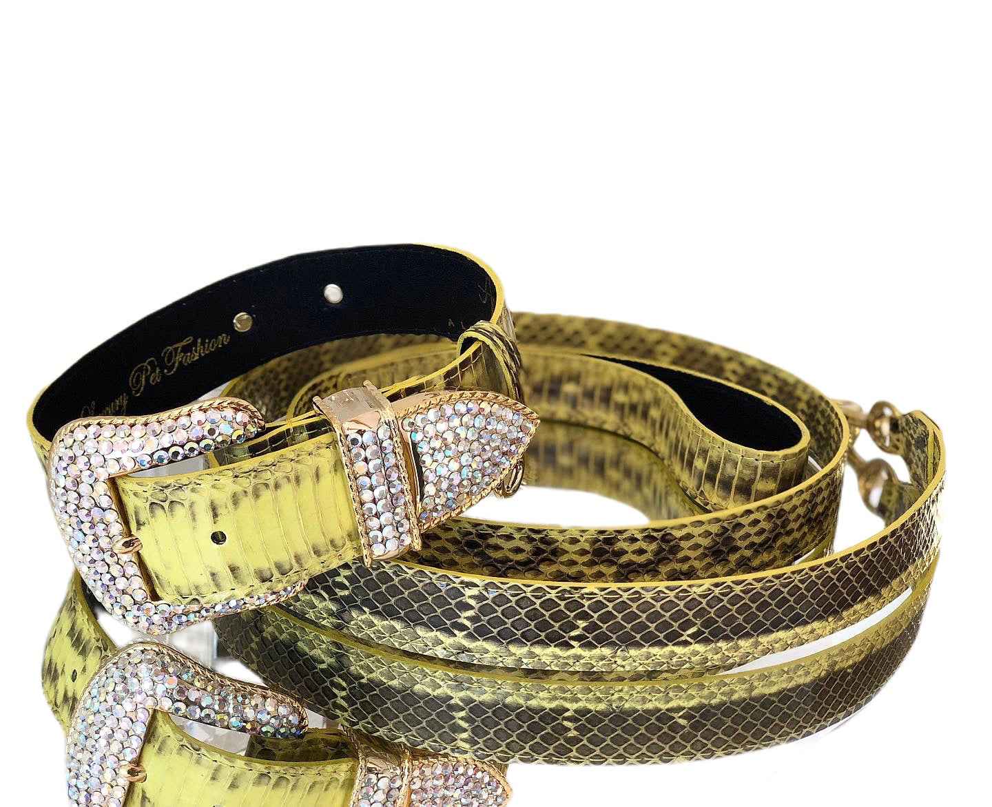 Allysa Payne Luxury Pet Fashion Soft Yellow & Black Snakeskin With Our Swarovski Crystal Hardware Dog Collar & Leash Set