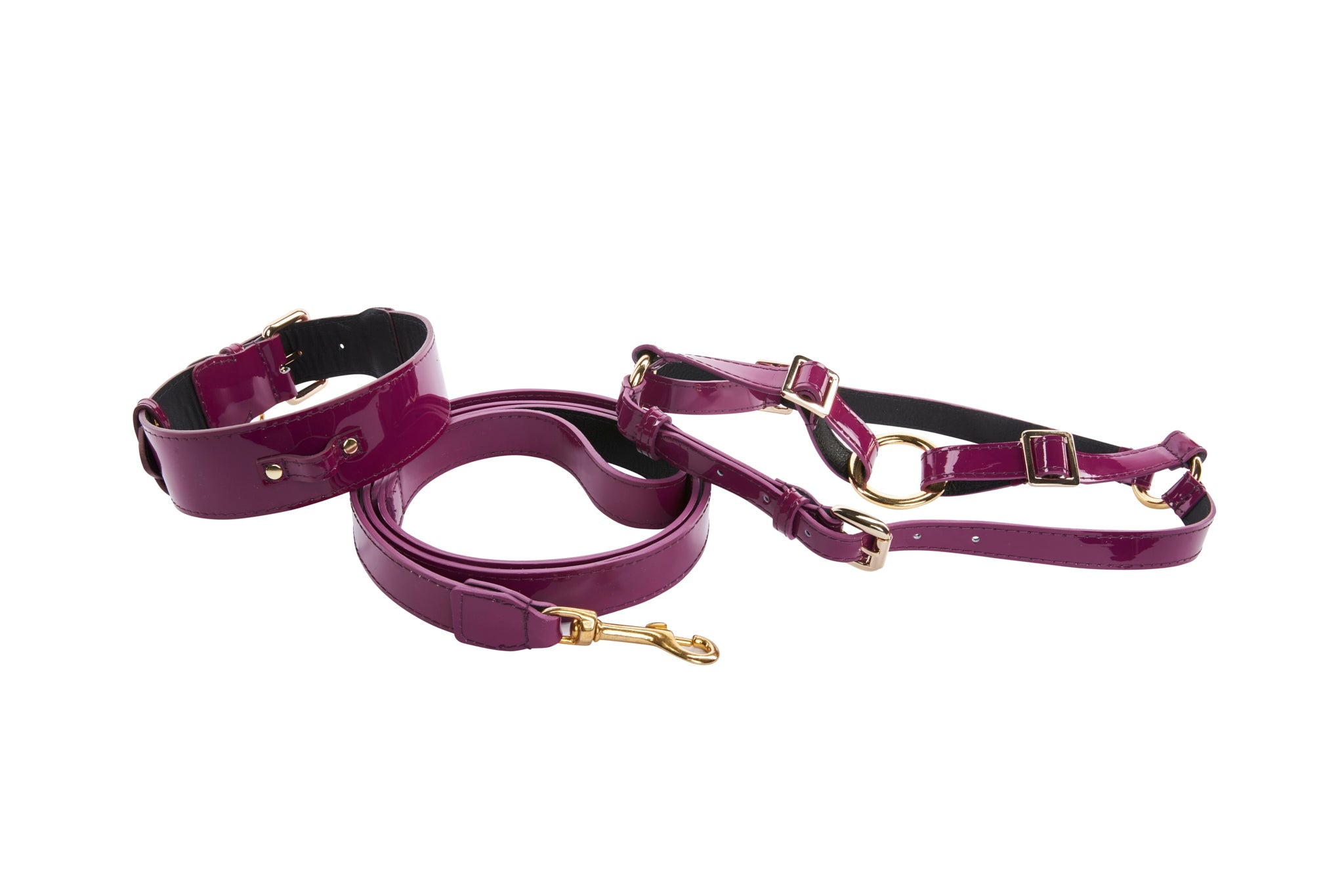 Purple Patent Italian Leather/Classic Hardware Collar, Leash, Harness Set