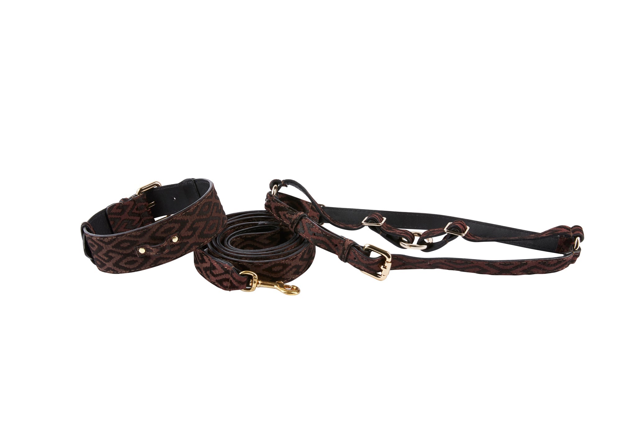 Elegant Black & Brown Pattern Italian Leather Collar & Leash & Harness Set With Classic Hardware