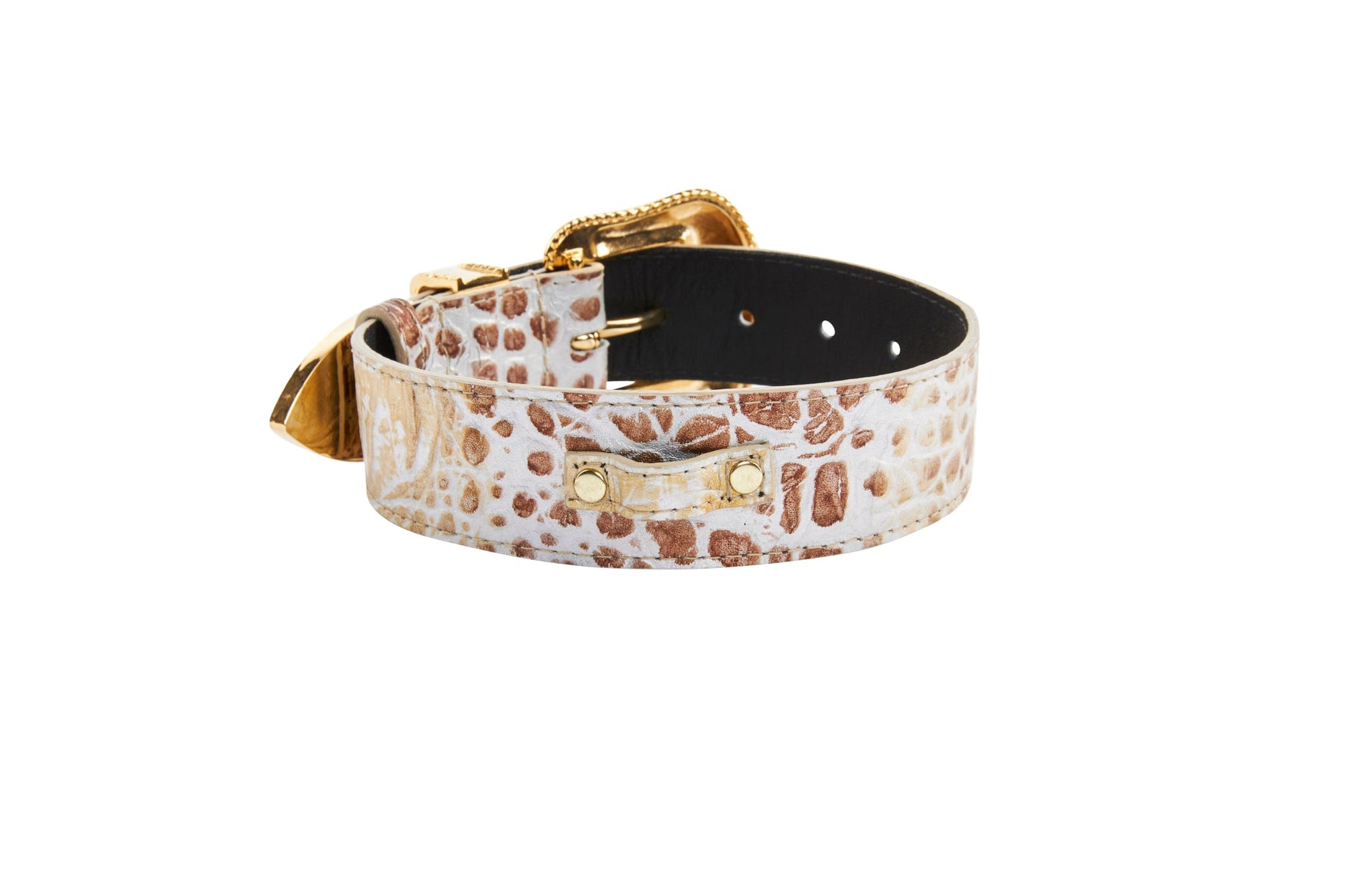 Allysa Payne Silver/Bronze/Gold Italian Leather Embossed Croc Swarovski Crystal Dog Collar