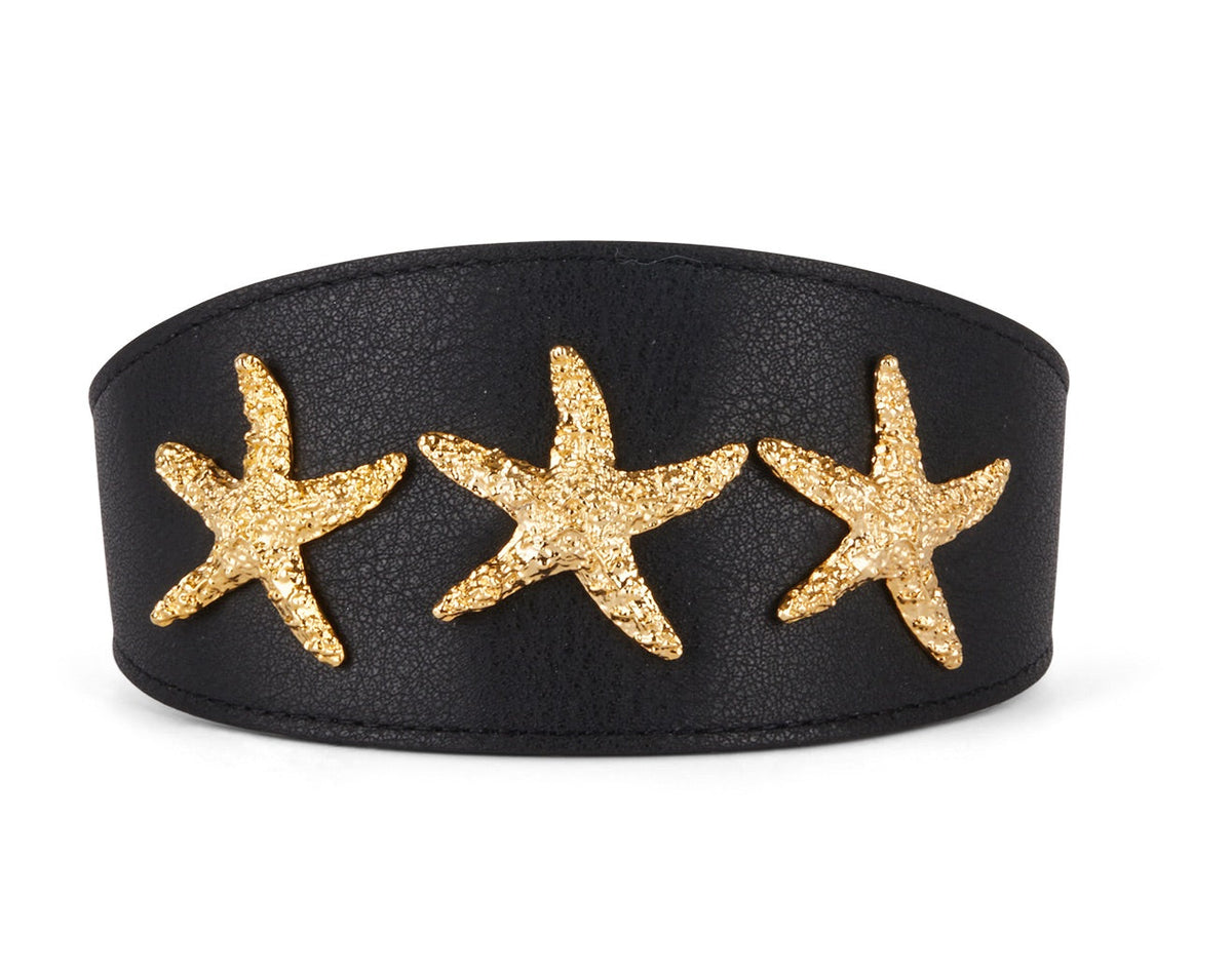 Allysa Payne Smooth Black Italian Leather 3-Inch Wide Style Dog Collar With Gold Custom Starfish