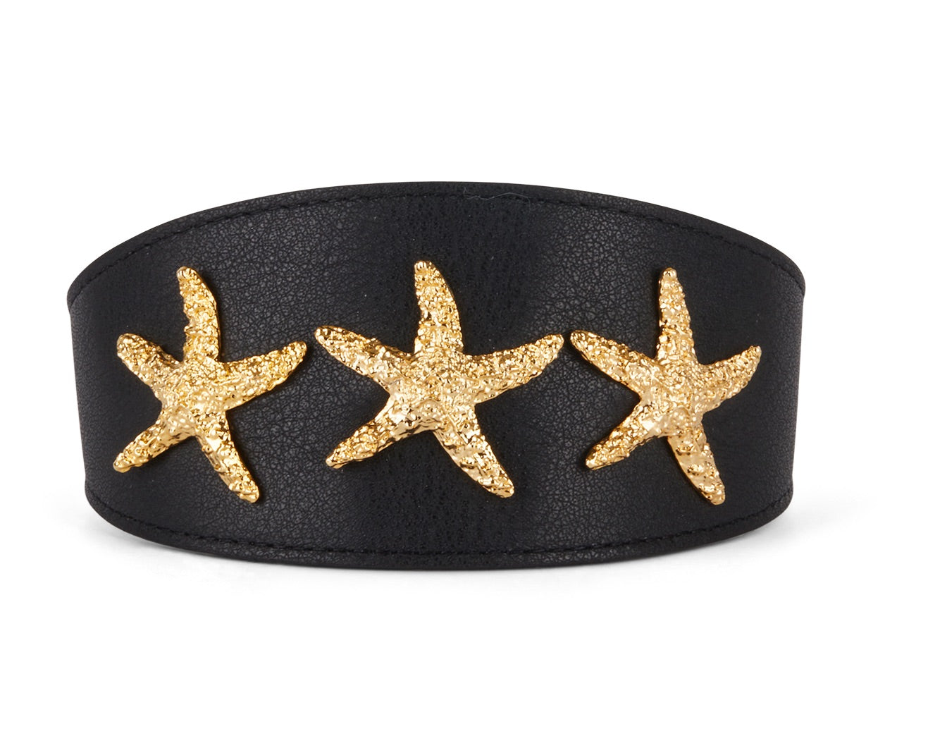 Smooth Black Italian Leather 3" Wide Style Collar With Gold Custom Starfish