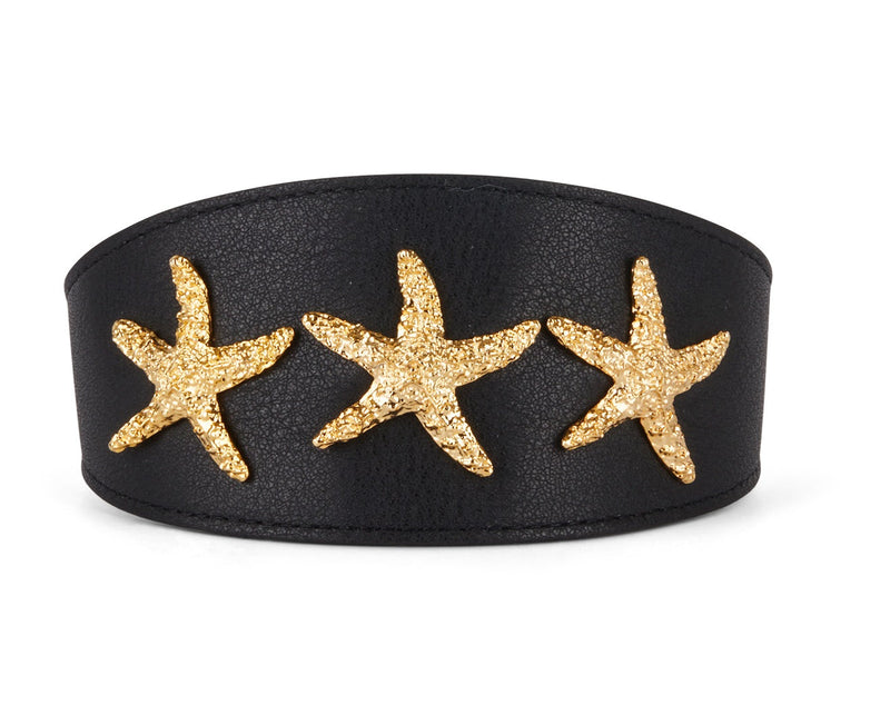 Smooth Black Italian Leather 3" Wide Style Collar With Gold Custom Starfish