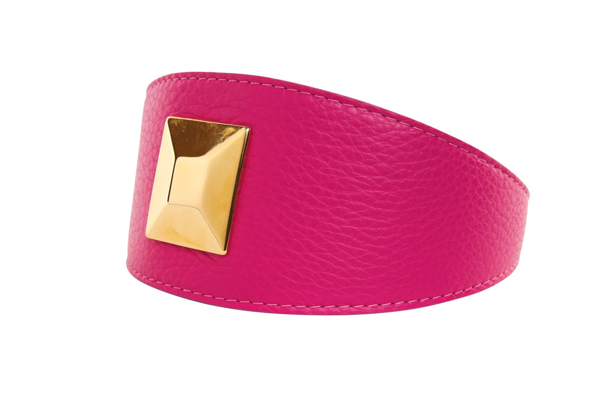 Allysa Payne Fuchsia Pink Italian Leather 3-Inch Wide Style Dog Collar With Custom Large Gold Rivet