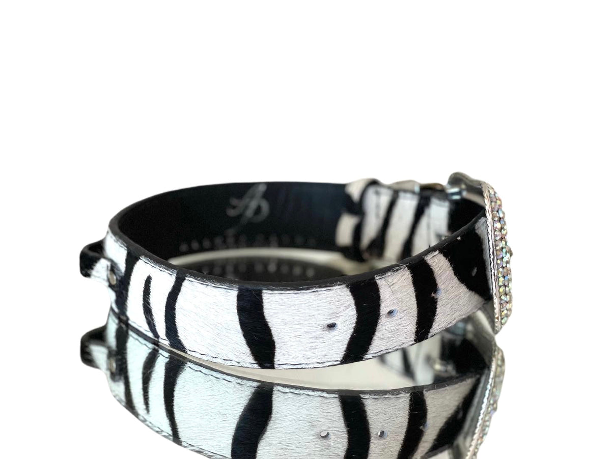Allysa Payne Luxury Pet Fashion Tiger Print Hair On Hide Italian Leather Dog Collar With Swarovski Crystal Hardware