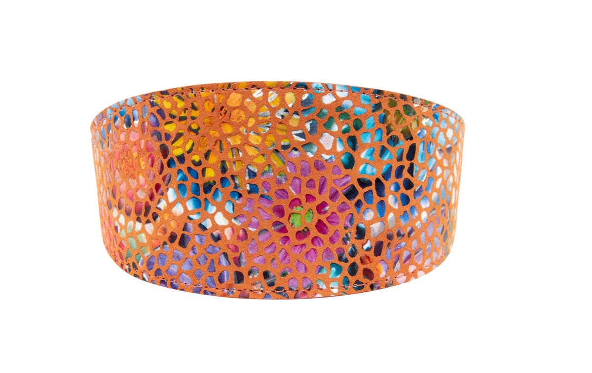 Allysa Payne Orange Floral Mosaic Italian Leather 3-Inch Wide Style Dog Collar