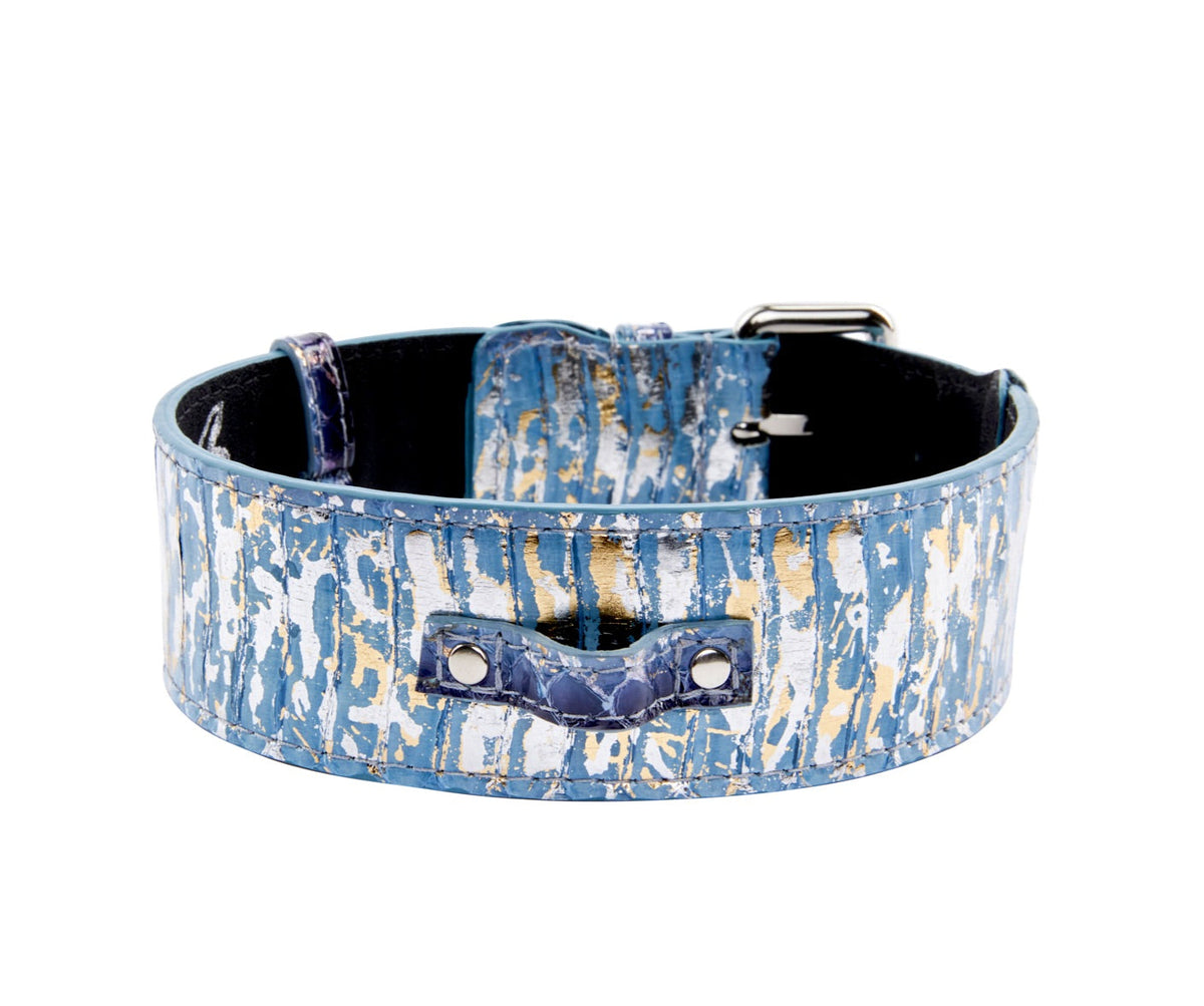 Allysa Payne Light Blue/Dark Blue Silver Iridescent Snake Dog Collar With Silver Classic Hardware