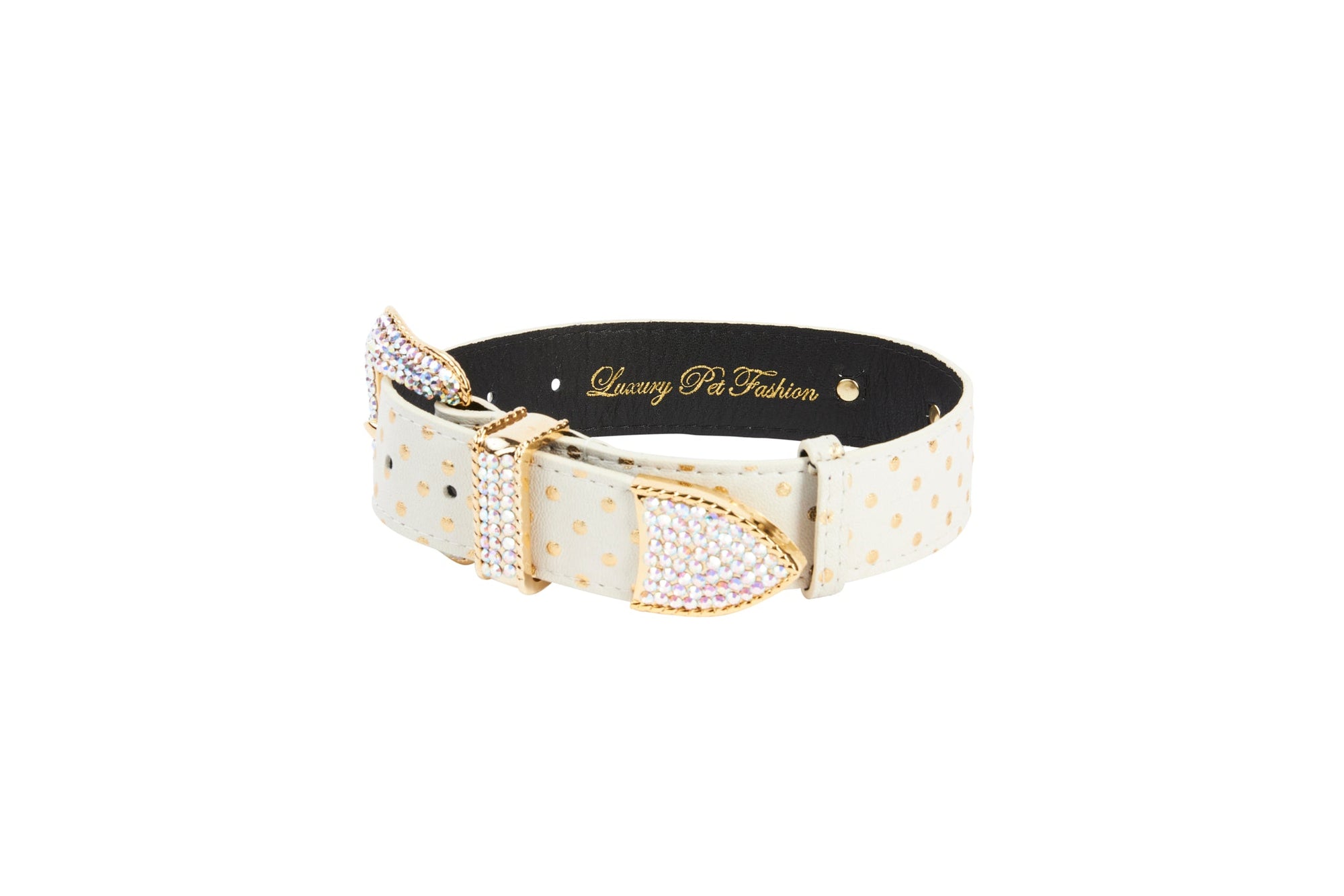 Allysa Payne XL White and Gold Polka Dot Italian Leather/Swarovski Crystal Hardware Dog Collar