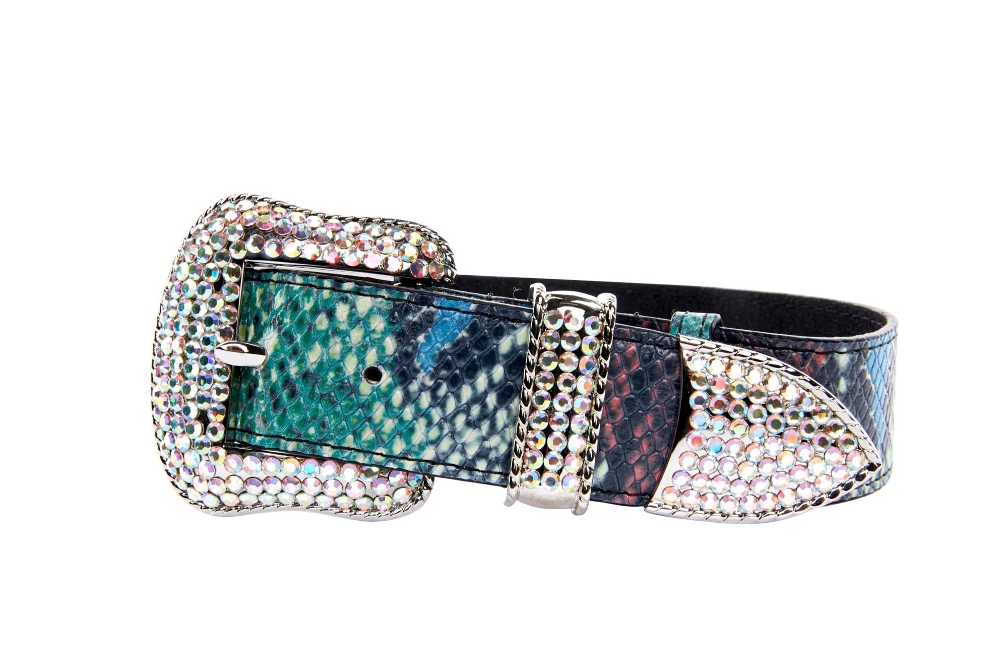 Allysa Payne Green, Blue, Black, Red Embossed Snake Italian Leather Dog Collar With Silver Swarovski Hardware