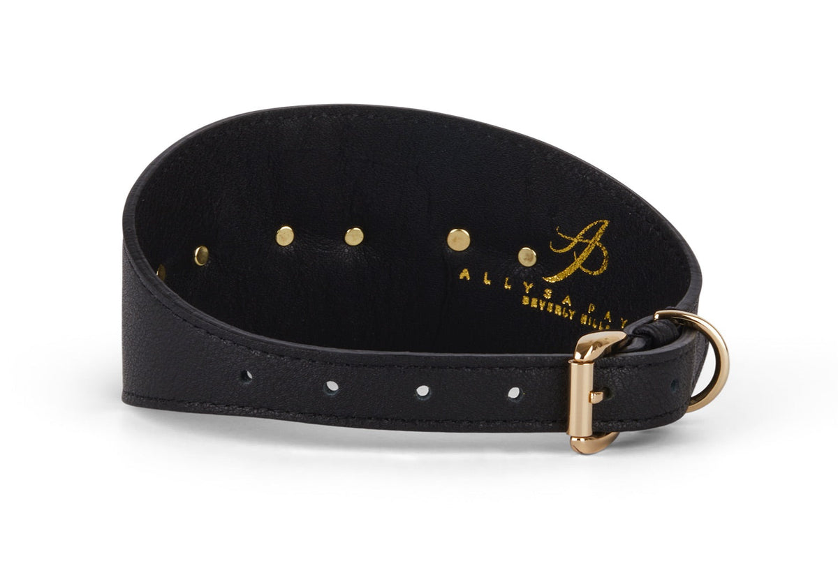 Allysa Payne Smooth Black Italian Leather 3-Inch Wide Style Dog Collar With Gold Custom Starfish
