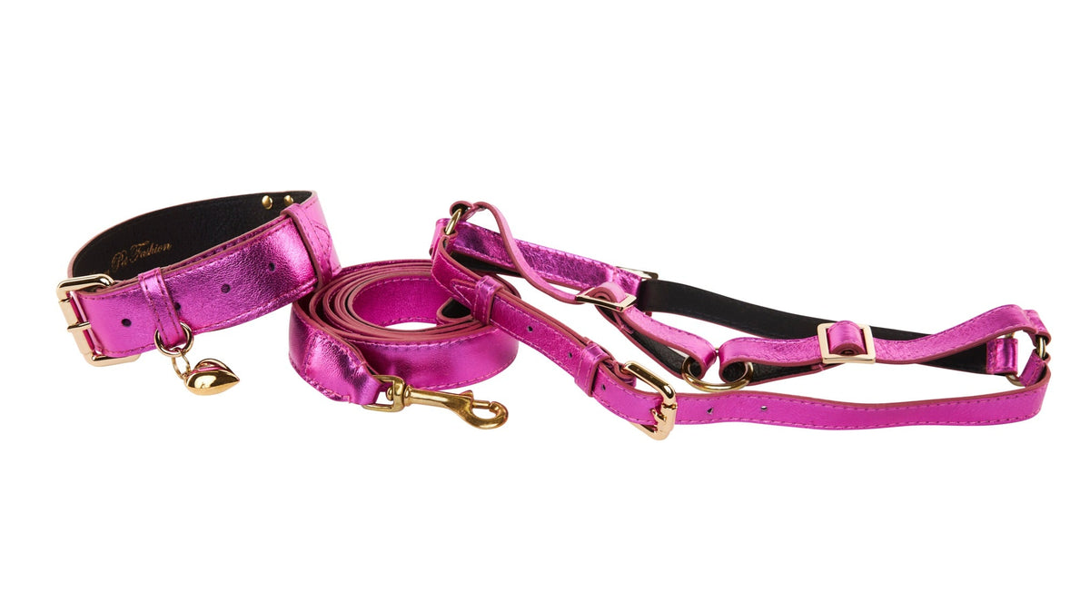 Allysa Payne Pink Foil Italian Leather Reversible Heart Locket/Classic Dog Collar, Leash & Harness Set