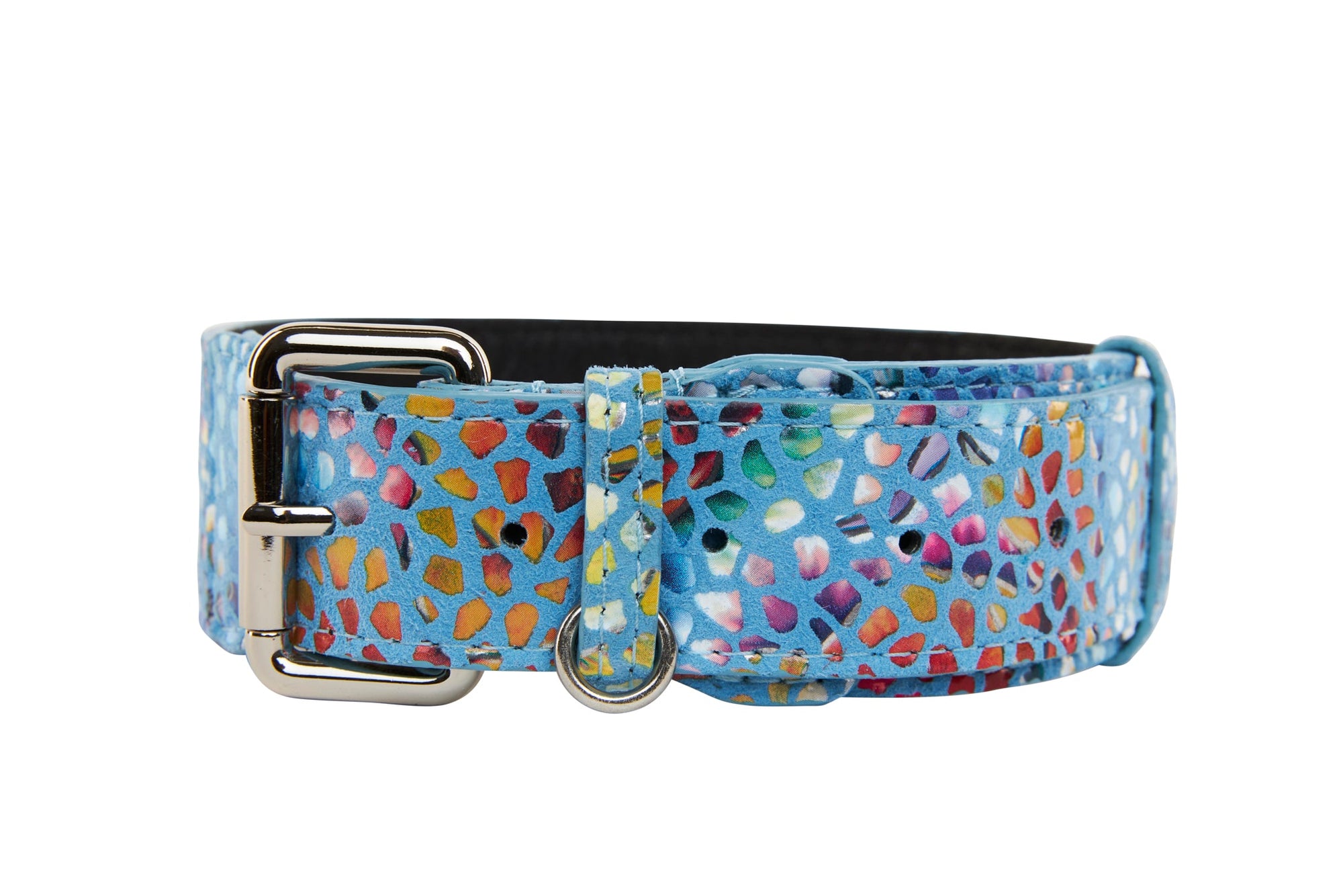 Allysa Payne Luxury Pet Fashion Blue Floral Mosaic Italian Leather Dog Collar