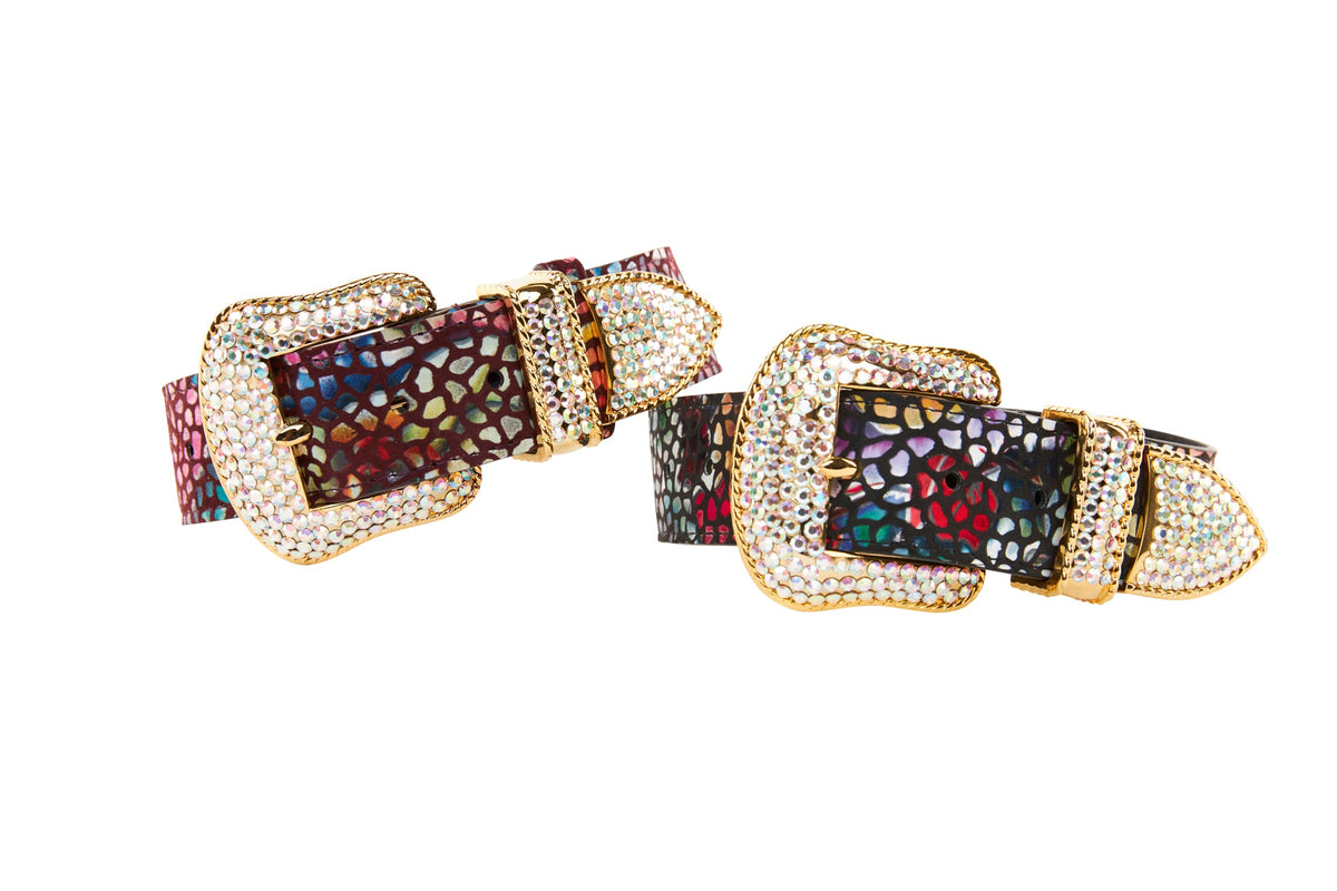 Allysa Payne Luxury Pet Fashion Burgundy Floral Mosaic & Black Floral Mosaic Italian Leather With Silver Swarovski Crystal Hardware Dog Collar