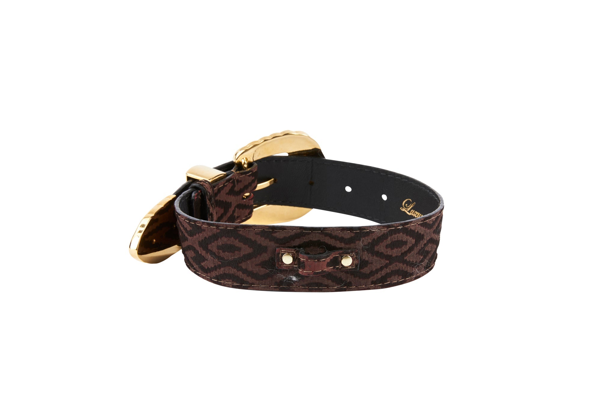 Elegant Black & Brown Pattern Italian Leather Collar With Ornate Italian Swarovski Crystal Hardware