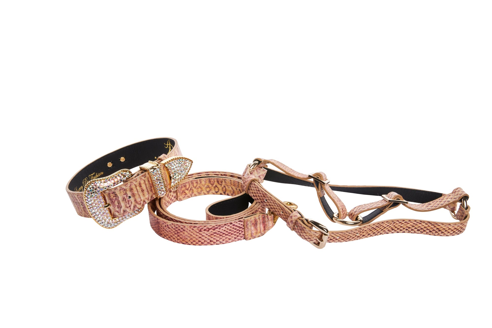 Allysa Payne Embossed Snake Italian Leather/Swarovski Crystal Buckle Dog Collar, Leash & Harness Set