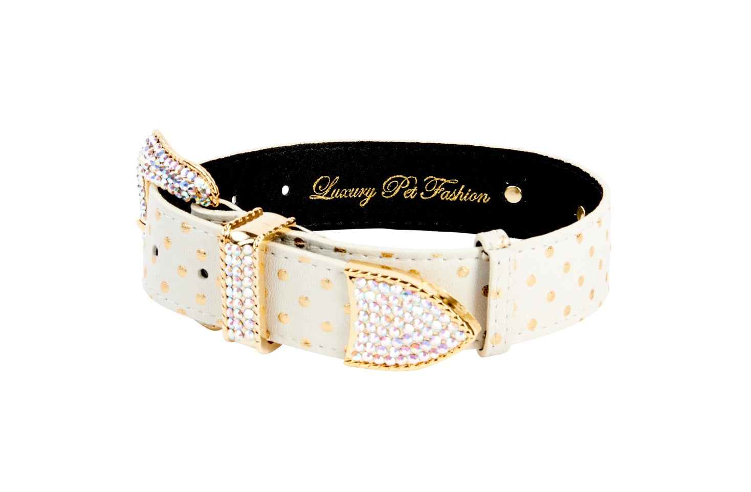 Allysa Payne White & Gold Polka Dot Italian Leather Dog Collar With Swarovski Crystal Hardware