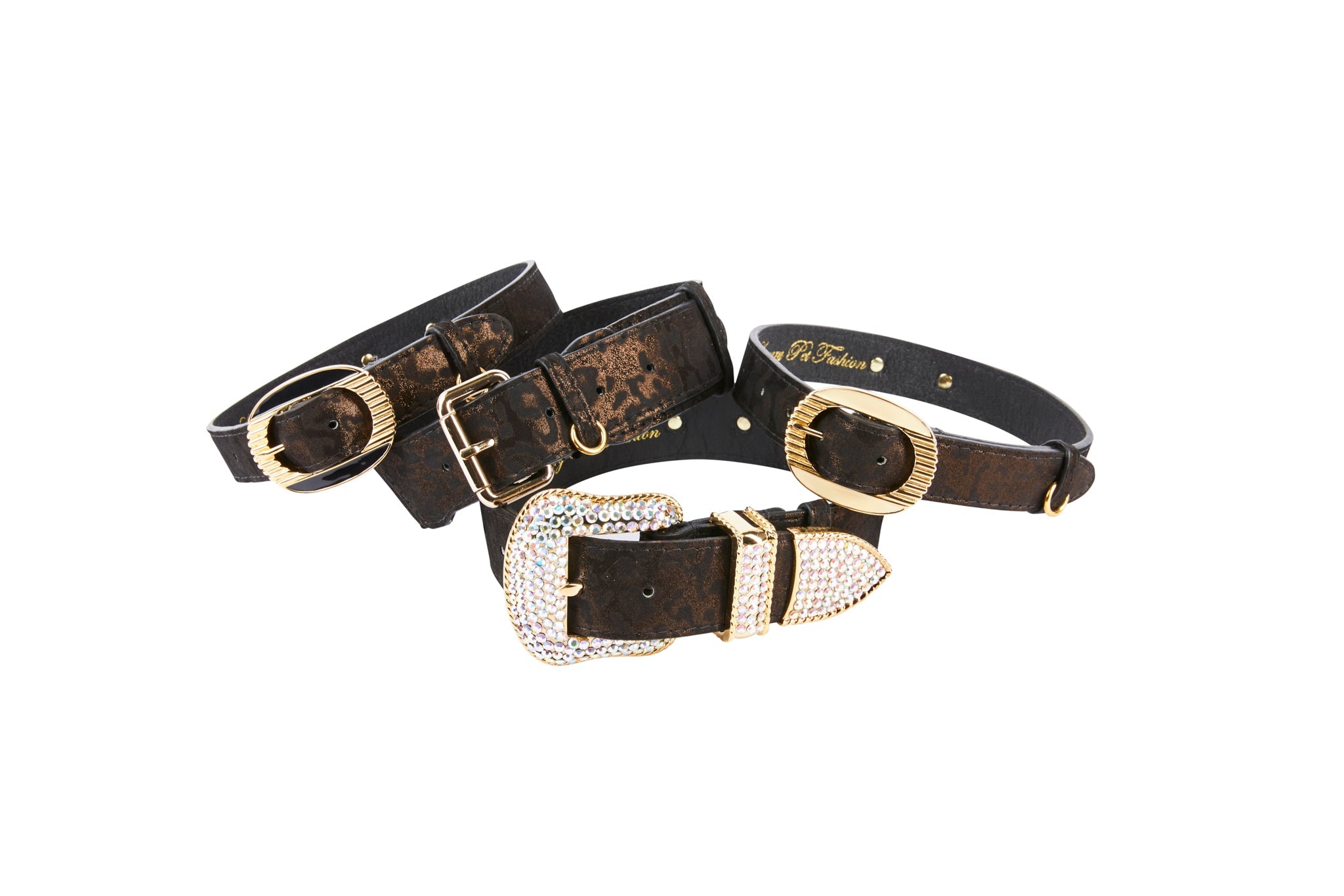 Dark Brown/Bronze Abstract Leopard Print Italian Leather Set Of 4 Collars With Italian Hardware