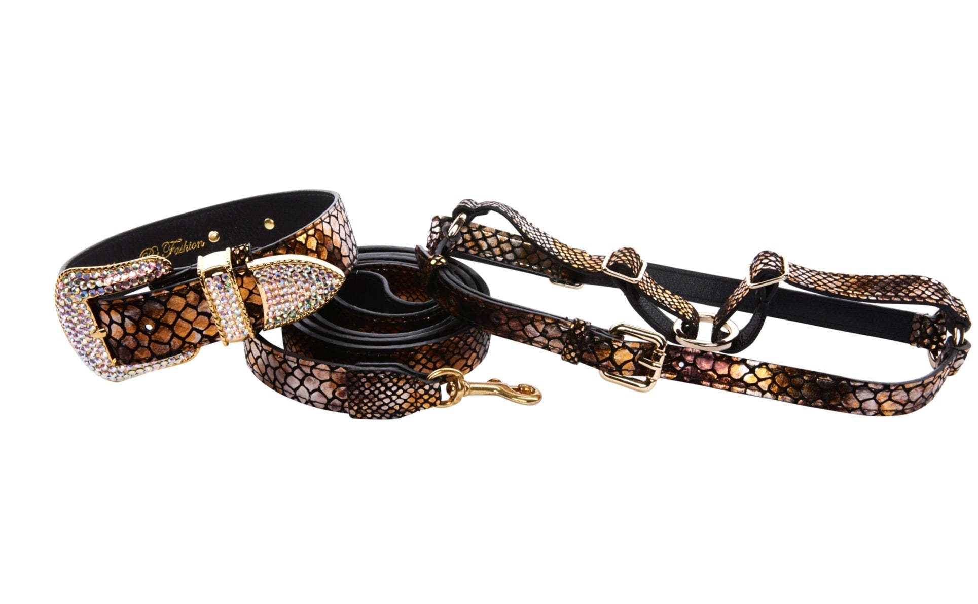 Mermaid Style Embossed Italian Leather/Swarovski Collar, Leash, Harness Set