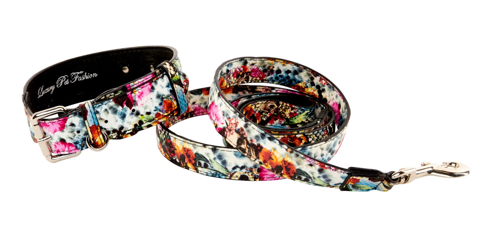 Allysa Payne Floral, Scull, Snake Print Italian Leather Classic Dog Collar & Leash Set