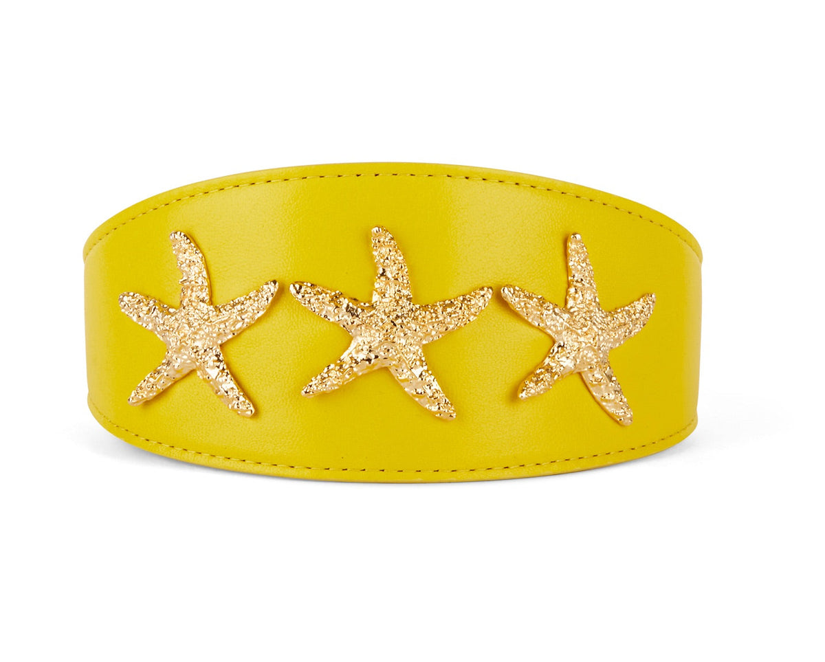 Allysa Payne Smooth Yellow Italian Leather 3-Inch Wide Style Dog Collar With Custom Gold Starfish