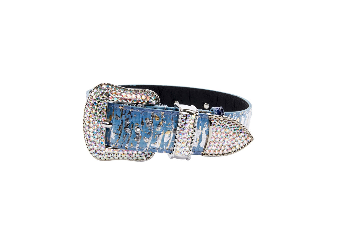 Allysa Payne Light Blue/Dark Blue Silver Iridescent Snake/Swarovski Dog Collar