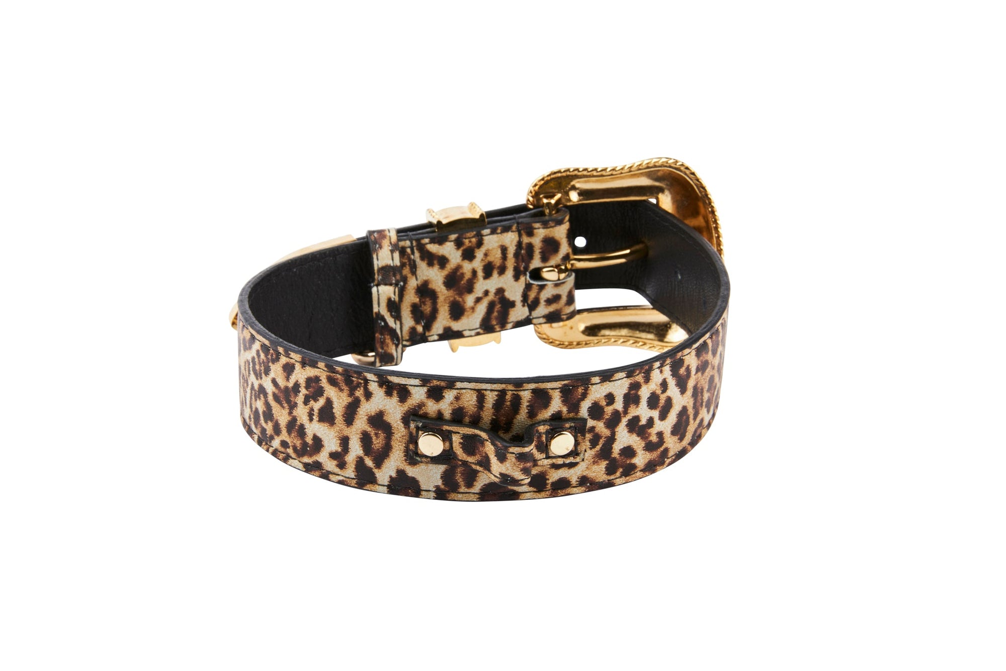 Allysa Payne Leopard Print Italian Leather Dog Collar With Swarovski Crystal Hardware Set Of 2
