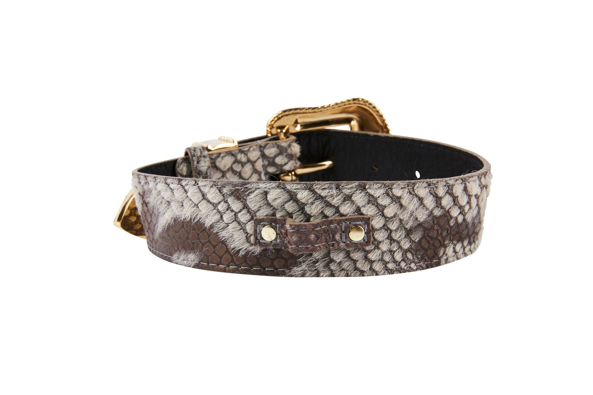Allysa Payne Grey/Bronze Snake Print Hair On Hide Italian Leather Dog Collar With Swarovski Crystal Hardware