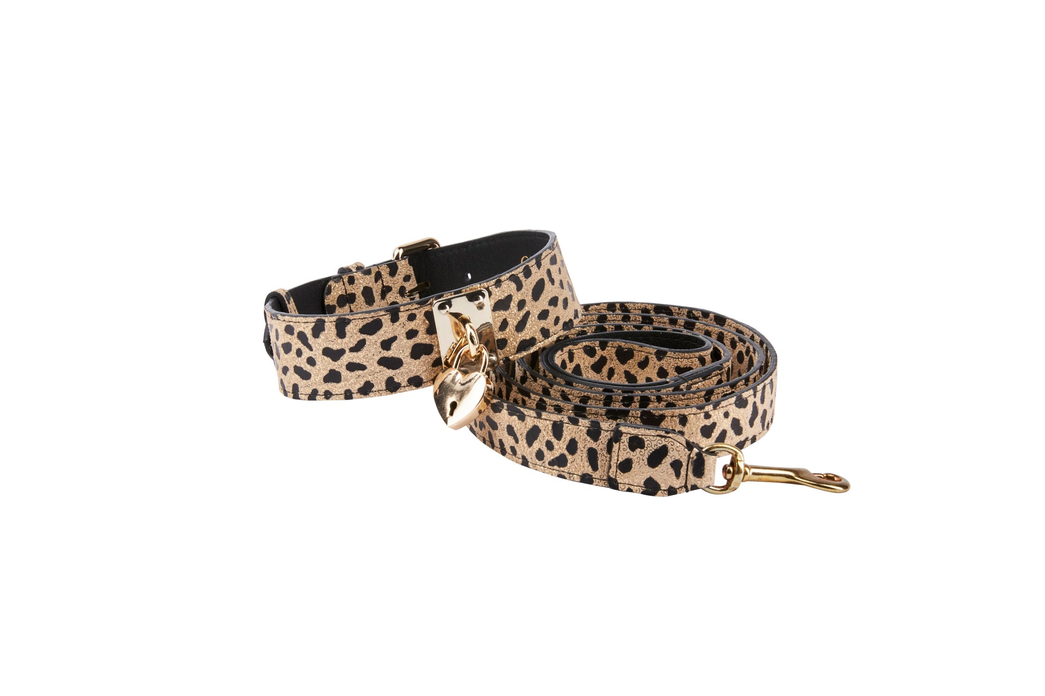 Champagne Gold Leopard Print Italian Leather Reversible Heart Locket/Classic Collar & Leash Set