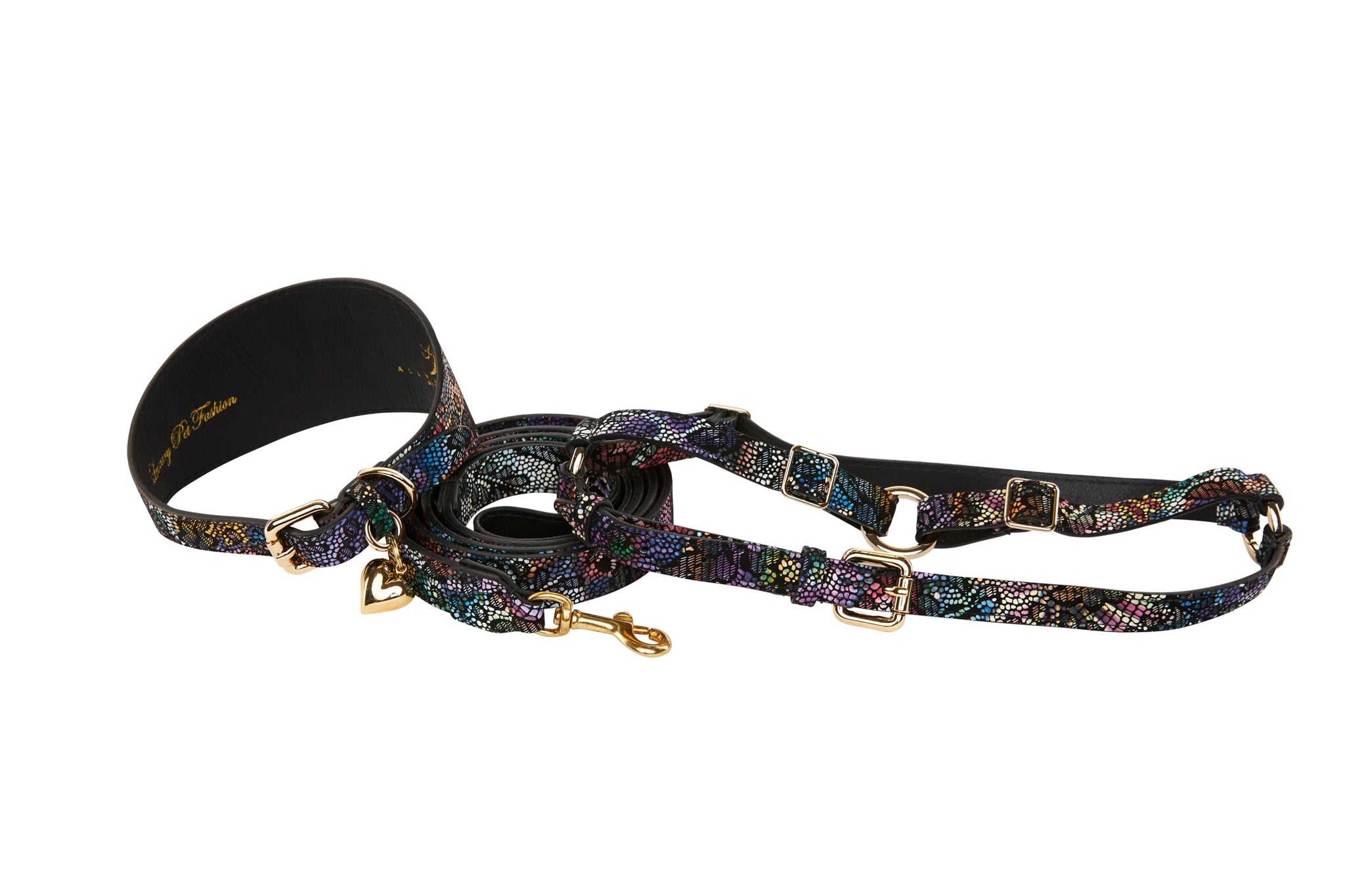 Floral/Lace Embossed Italian Leather 3” Wide Style  Collar With Custom Swarovski Sunflower Rivets, Leash, Harness Set