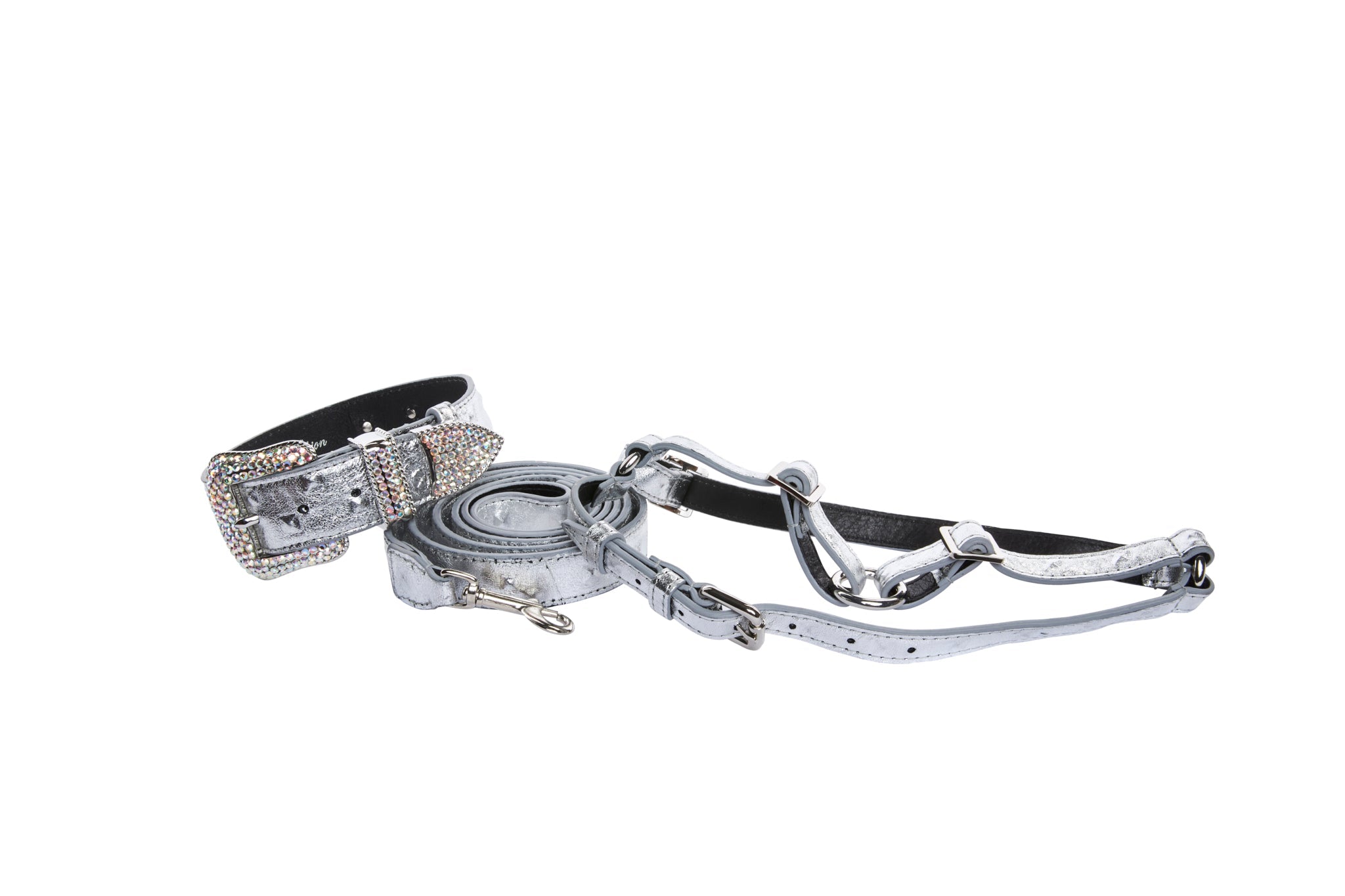 Allysa Payne Silver Studded Italian Leather Swarovski Crystal Dog Collar, Leash & Harness Set