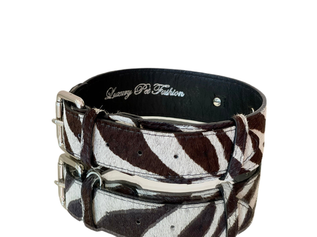 Allysa Payne Luxury Pet Fashion Zebra Print Hair On Hide Italian Leather Dog Collar With Classic Hardware