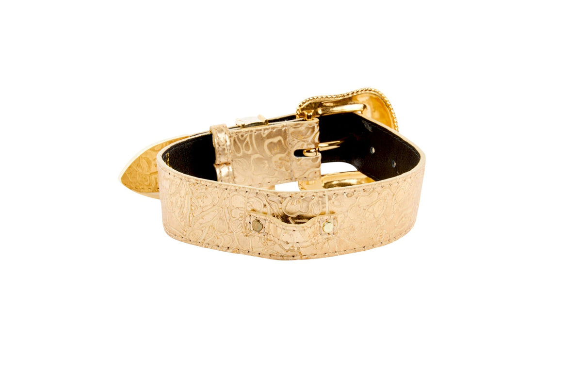 Allysa Payne Gold Floral Print Italian Leather With Swarovski Crystal Hardware Dog Collar