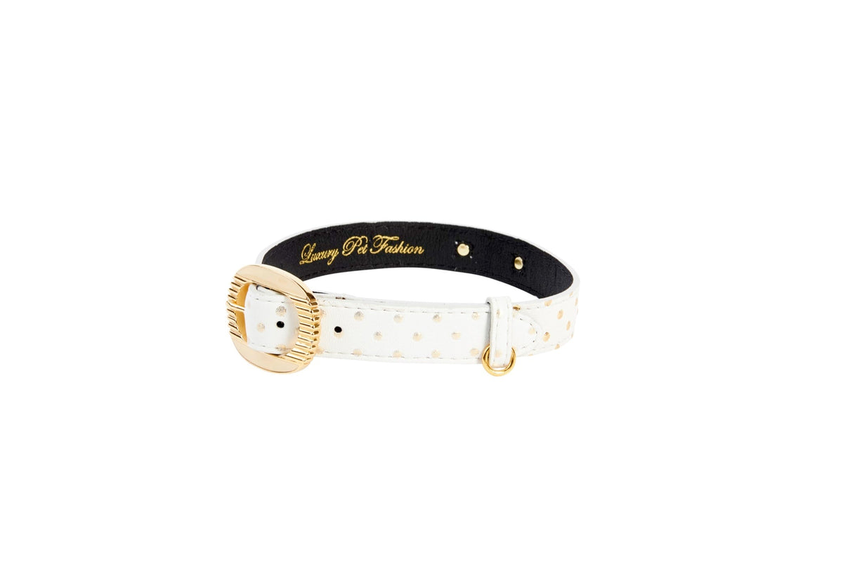 Allysa Payne White & Gold Polka Dot Italian Leather Dog Collar With Orante Italian Hardware