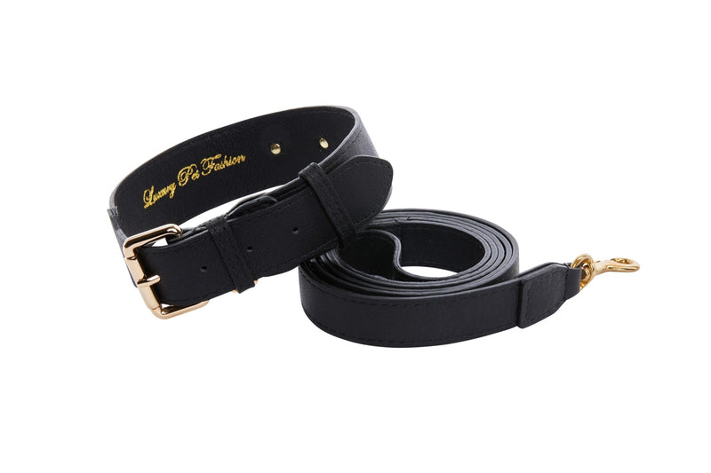 Allysa Payne Classic Black Italian Leather Dog Collar & Leash Set
