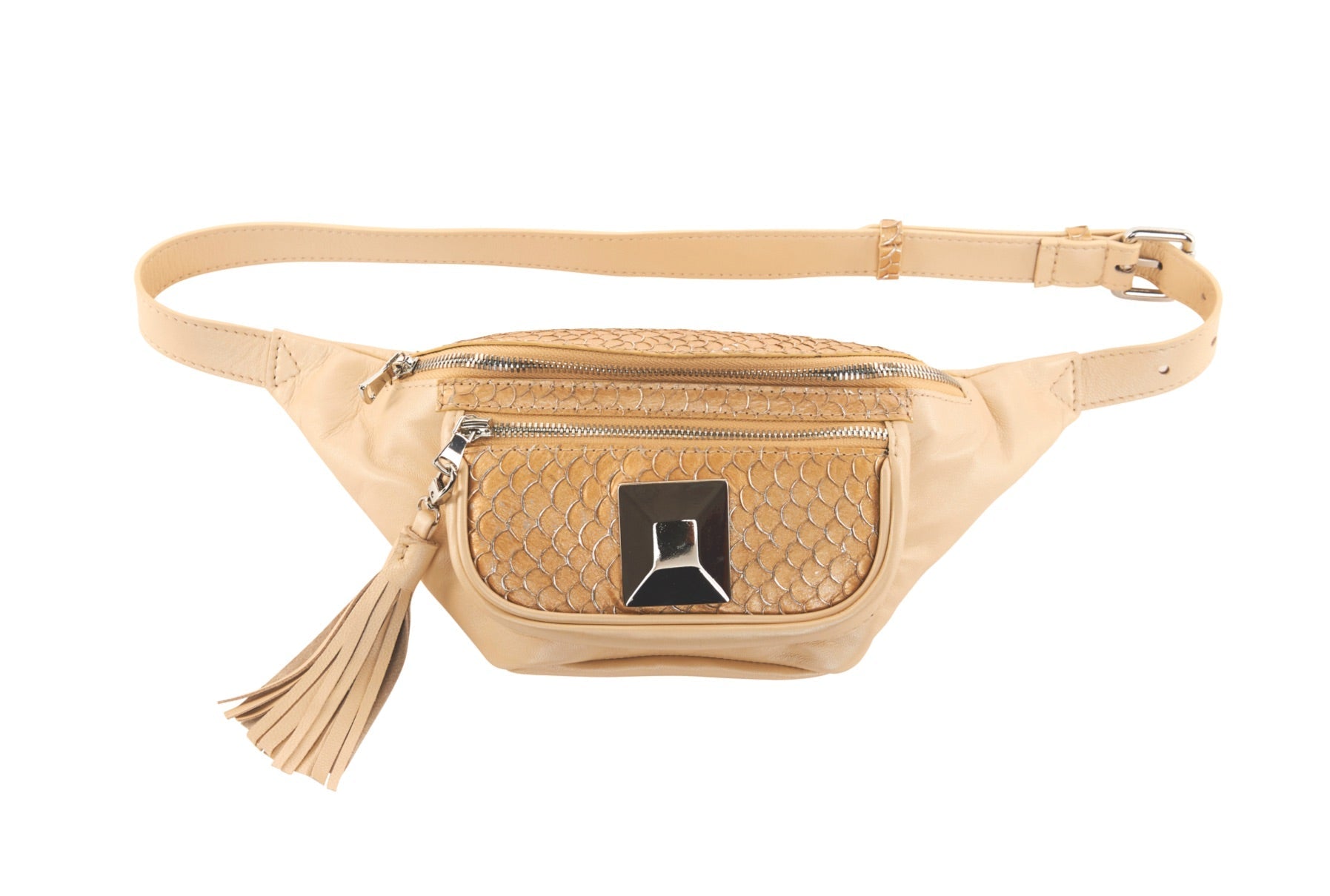 Allysa Payne Pearl Beige Italian Leather/Taupe Tilapia Fanny Pack With Custom Large Silver Rivet