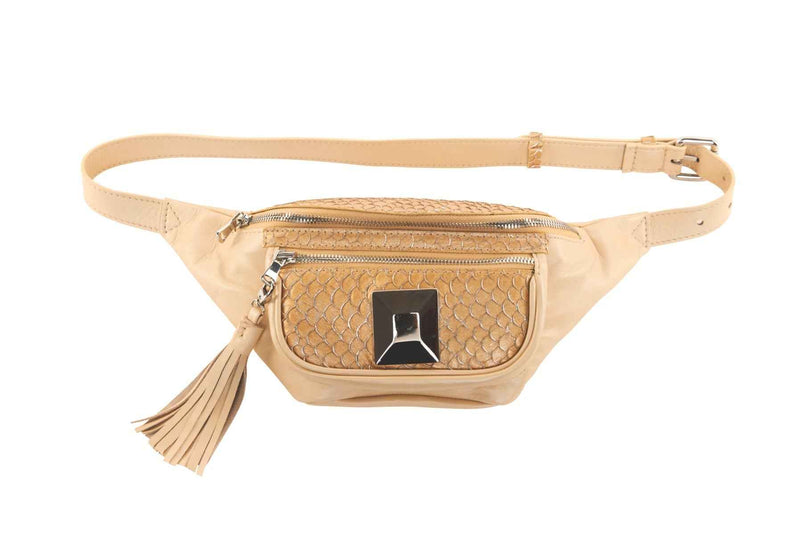 Allysa Payne Pearl Beige Italian Leather/Taupe Tilapia Fanny Pack With Custom Large Silver Rivet