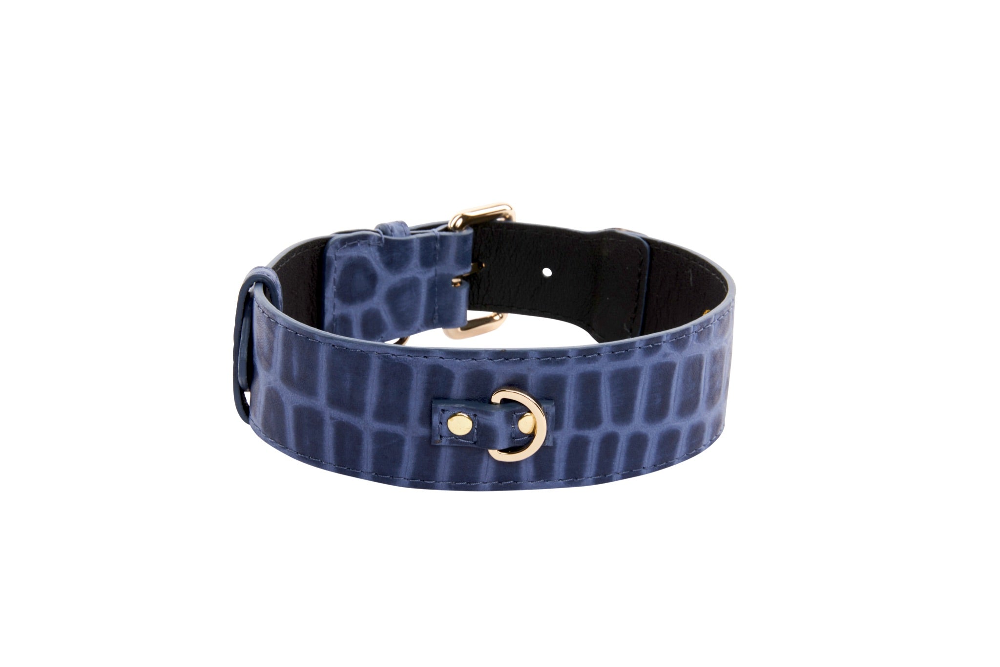 Allysa Payne Blue Embossed Croc Italian Leather Dog Collar With Gold Classic Hardware