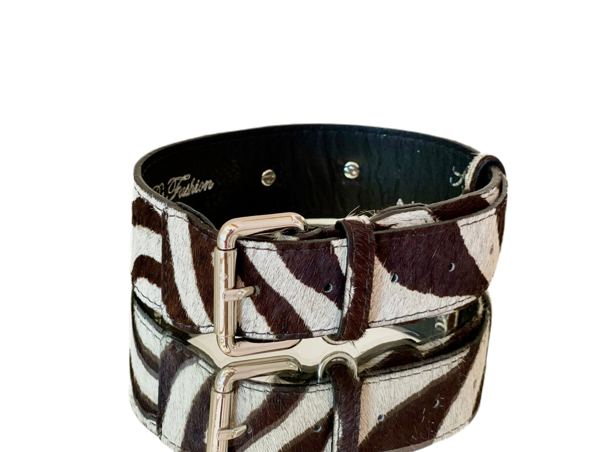 Allysa Payne Luxury Pet Fashion Zebra Print Hair On Hide Italian Leather Dog Collar With Classic Hardware