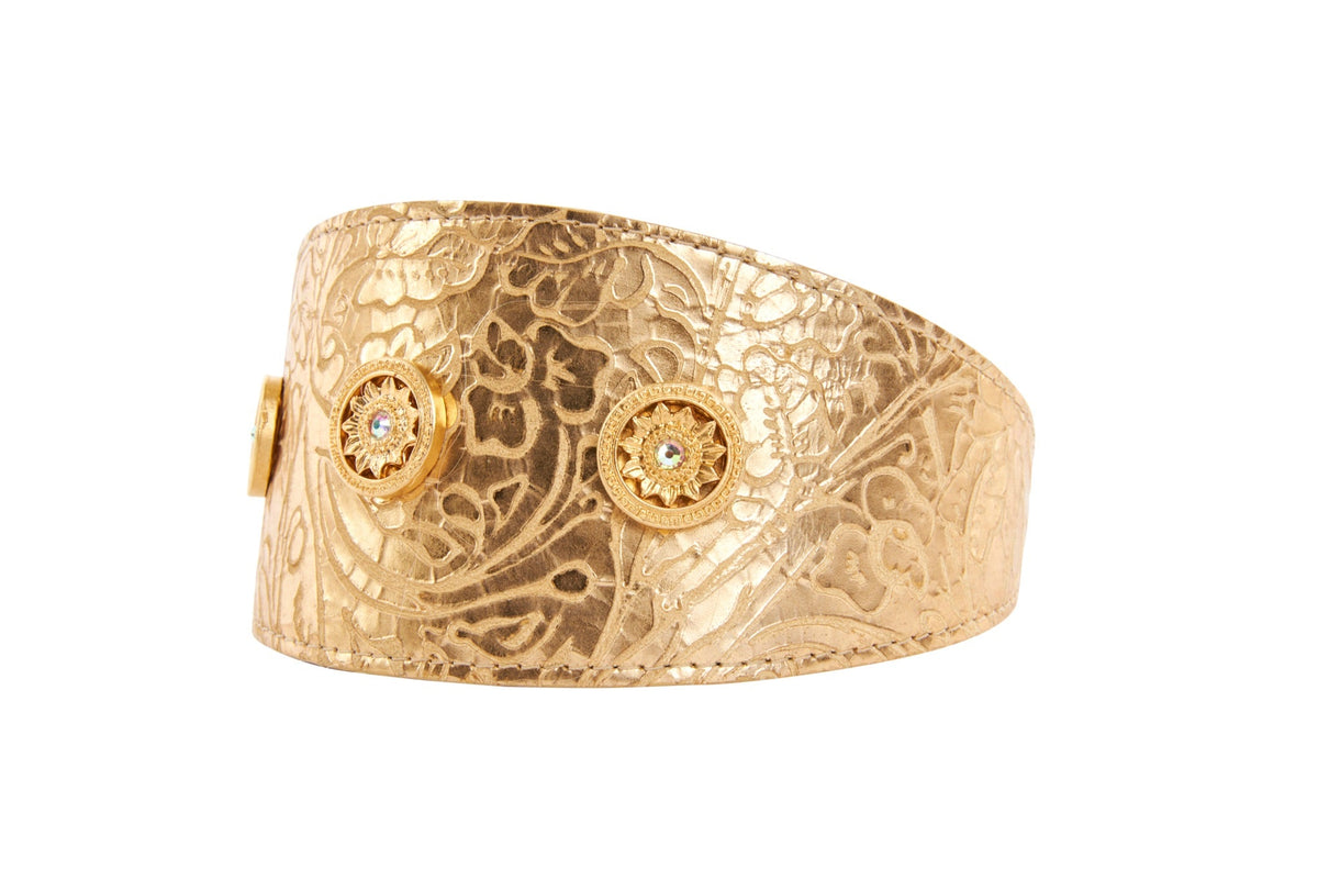 Allysa Payne Gold Floral Print Italian Leather With Gold Sunflower Rivets Dog Collar