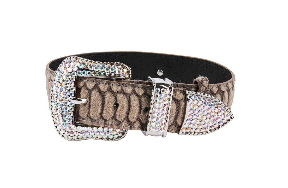 Allysa Payne Grey Snake Print Hair On Hide Italian Leather Dog Collar With Swarovski Hardware