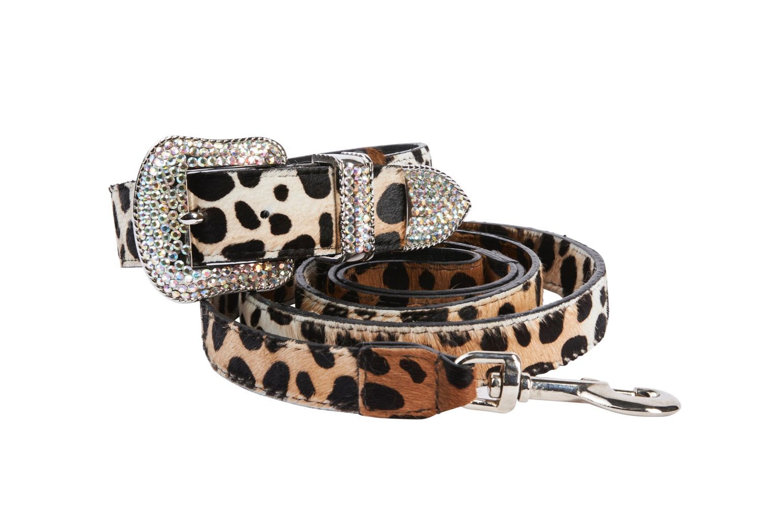 Allysa Payne Snow Leopard Hair On Hide Swarovski Dog Collar & Leas Set