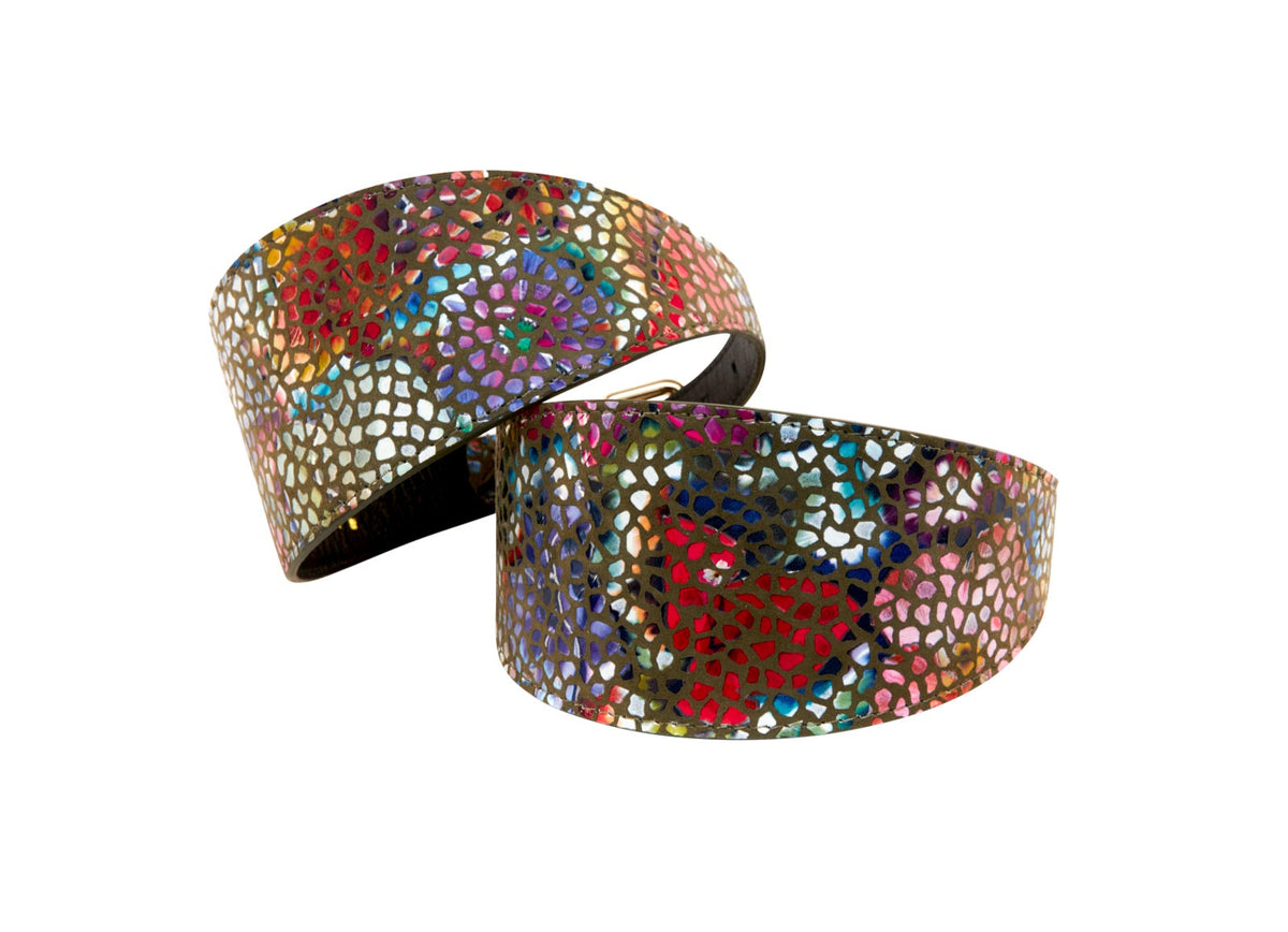 Allysa Payne Olive Floral Mosaic 3-Inch Wide Style Dog Collar. Set Of 2