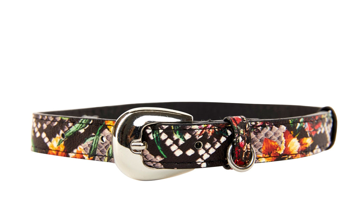 Allysa Payne Floral, Scull, Snake Print Italian Leather Dog Collar With Silver Oval Hardware