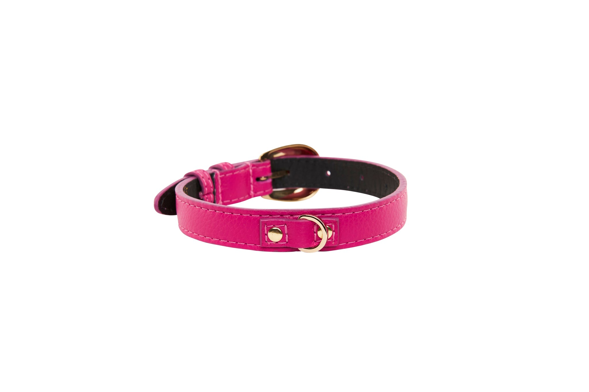 Fuchsia Pink Italian Leather Collar With Gold Oval Hardware