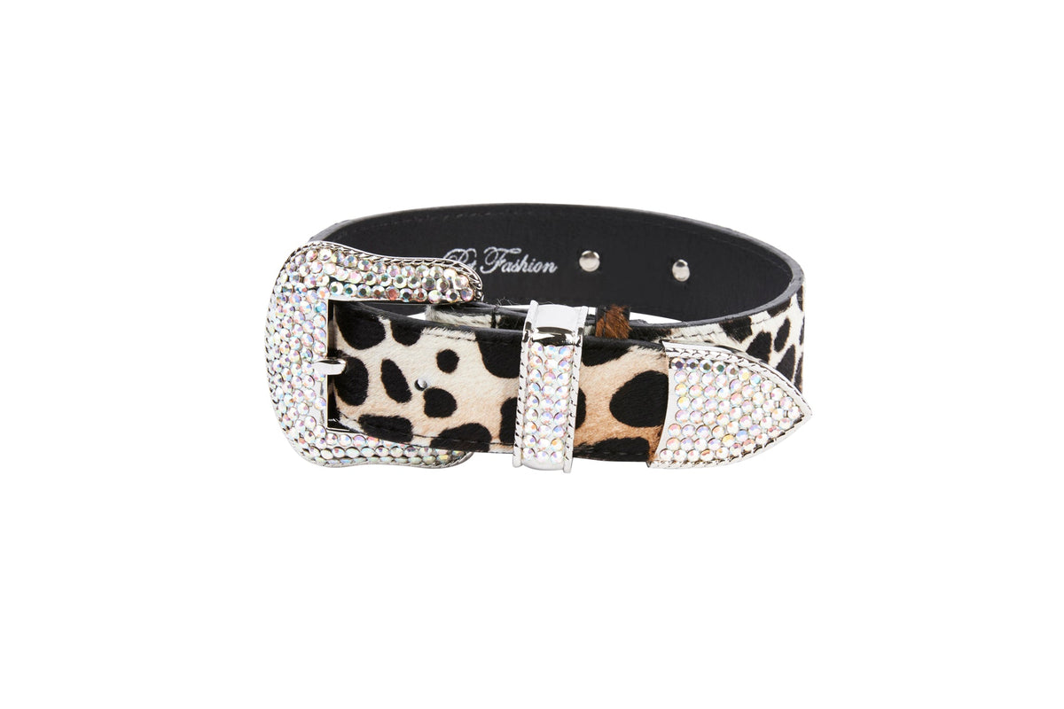 Allysa Payne Snow Leopard Print Hair On Hide Italian Leather Dog Collar With Swarovski Crystal Hardware