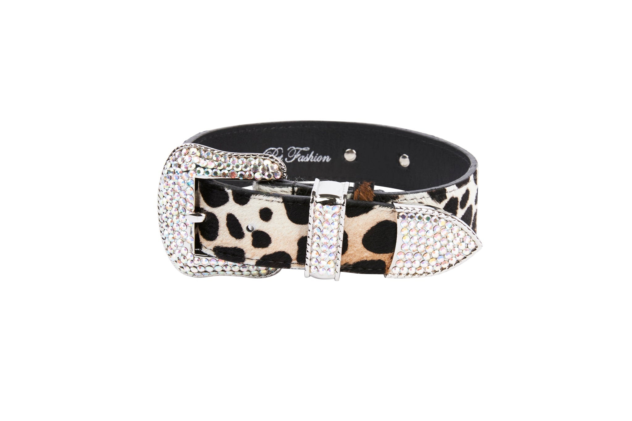 Snow Leopard Print Hair On Hide Italian Leather Collar With Swarovski Crystal Hardware