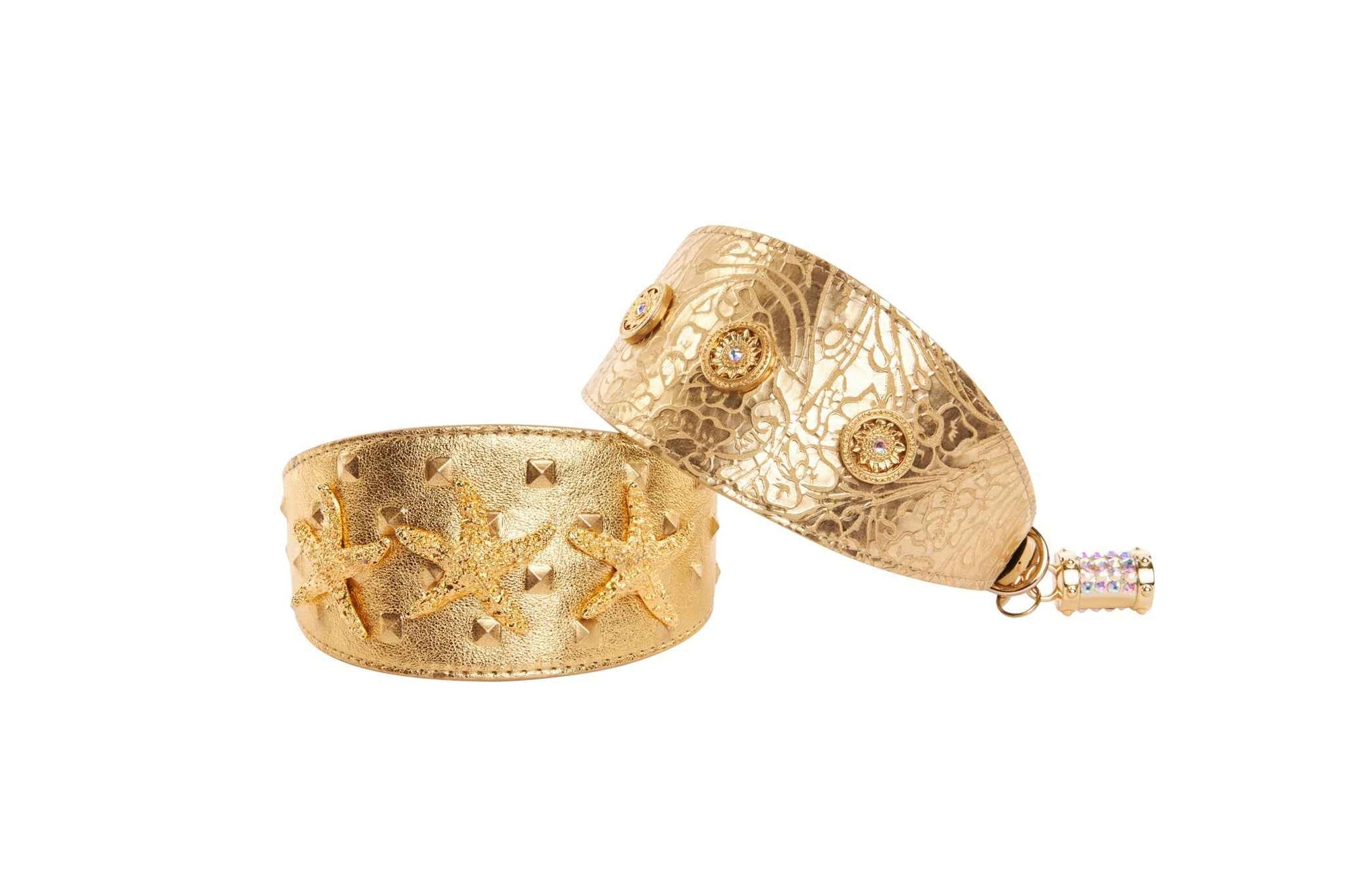Allysa Payne Set Of Gold Floral Italian Leather With Swarovski Sunflowers & Gold Studded Italian Leather Starfish 3-Inch Wide Style Dog Collar