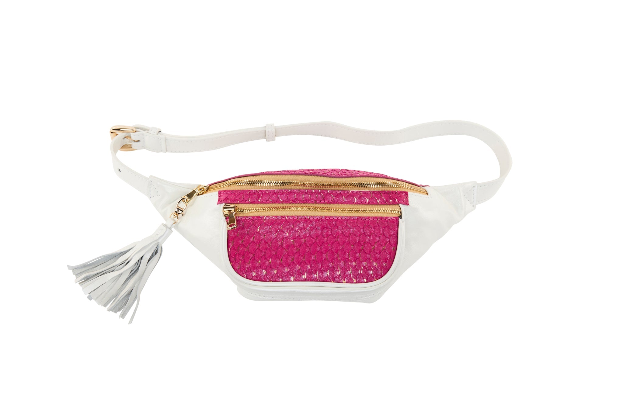 Pearl White Italian Leather/Fuchsia Pink Tilapia Fanny Pack