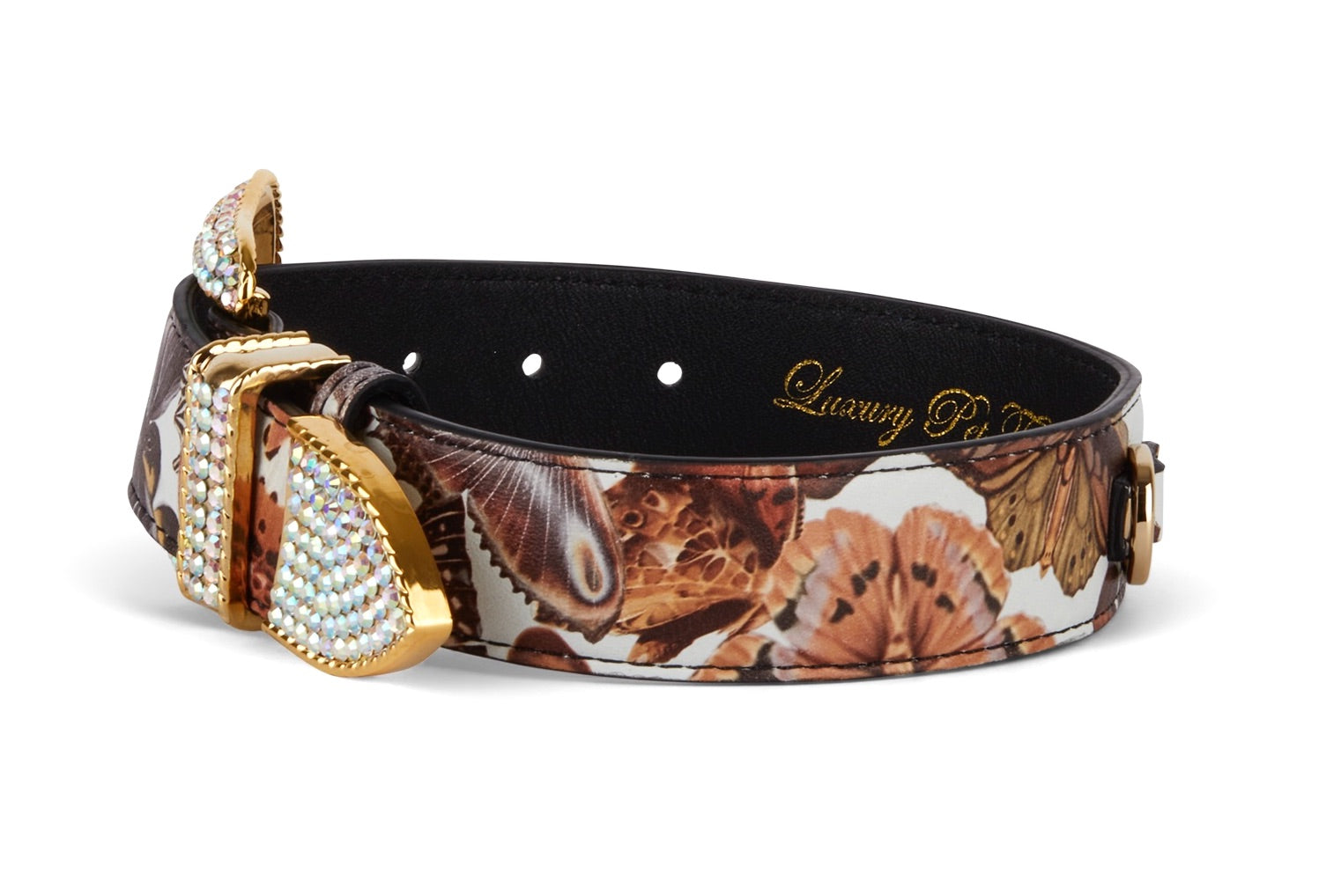 Allysa Payne Butterfly Print Italian Leather Dog Collar With Custom Swarovski Crystal Hardware